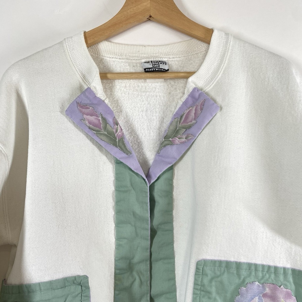 Handmade Women's Sweatshirt Cardigan Floral Granny Church Cottagecore Size Large - Picture 2 of 16